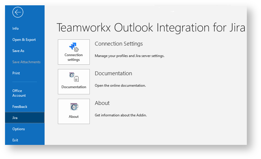 Teamworkx Outlook Integration for Jira > Introduction > backstage_menu_v3.0.0.png